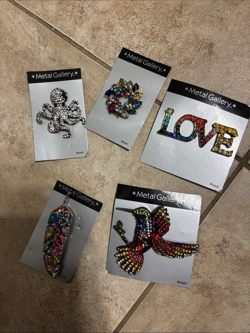 5 Gallery Multicolor Crystal Brooch Set - Rainbow Stones